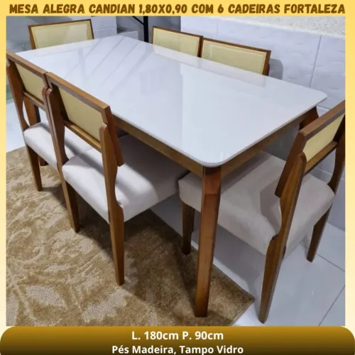 MESA ALEGRA CANDIAN 1,80 X 0,90 C/VIDRO COM 6 CADEIRAS FORTALEZA