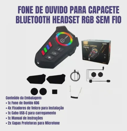 Fone Intercomunicador para Capace, Bluetooth Helmet K06 Resistente À Água