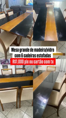 Mesa grande com 6 cadeiras estofadas 