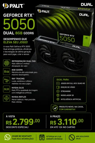 Palit GeForce RTX 5050 Dual 8GB GDDR6 | Nova | Ray Tracing | DLSS | Garantia