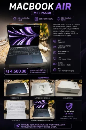MacBook Air M2 256GB Midnight | Estado de Novo | Com Nota Fiscal e Garantia