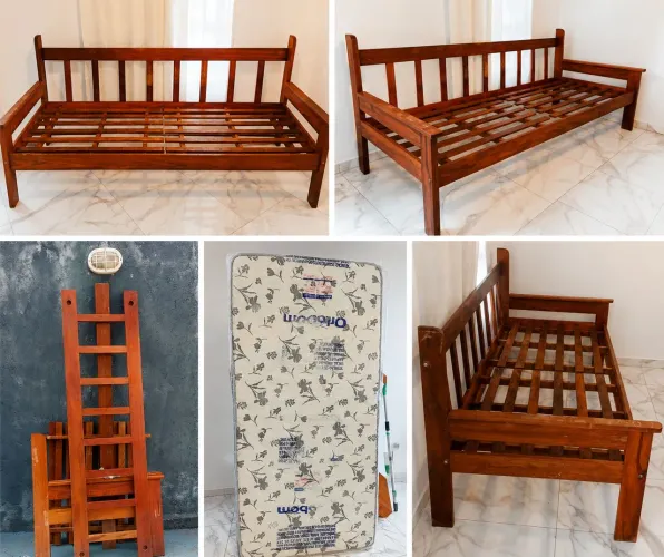 Sofá-Cama de Madeira Maciça + Colchão Ortobom Pró-Saúde Firme de Brinde