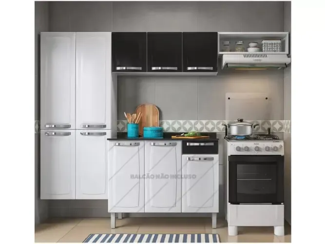 Conjunto de Armários de Cozinha Completo - Branco e Preto