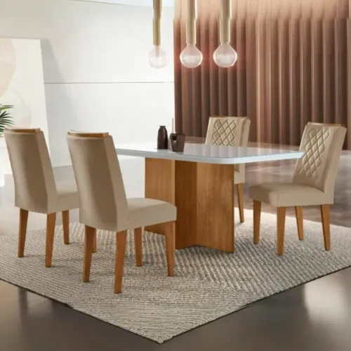 Mega oferta, agende já! Mesa Berlim 120 Canto Copo com 4 Cadeiras Jade Linho