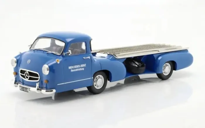 Miniatura 1:18 mercedes benz transporte carro corrida reboque 1955 novo