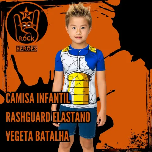 Camisa Infatil Vegeta Traje Dano em Batalha Rashguard Elastano Manga Curta Poliester