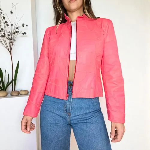 Jaqueta de couro legítimo patchwork coral Tam P 