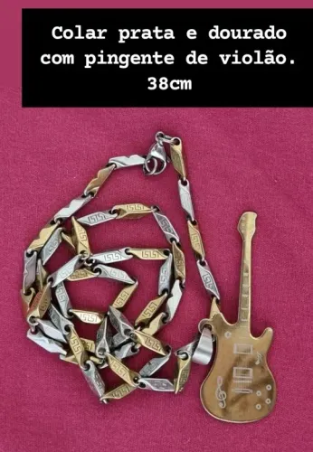 Colar Prata e Dourado com Pingente de Violão