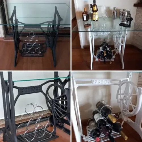 Carrinho Bar com Pé de Máquina de Costura e Tampo em Vidro (Preto/Branco) - Valor unitário