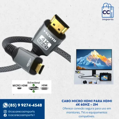 Cabo Micro HDMI para HDMI 4K 60Hz - Trançado, Bidirecional - 2m