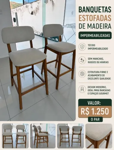 Banquetas de madeira e linho