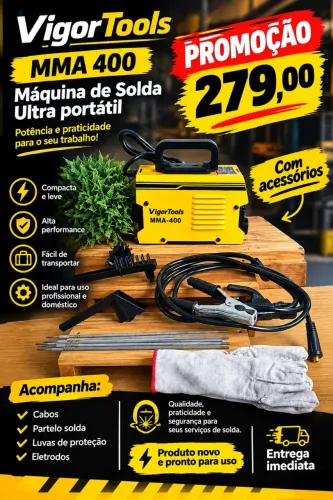 Máquina de Solda VigorTools MMA 400 | Ultra Portátil | Kit Completo