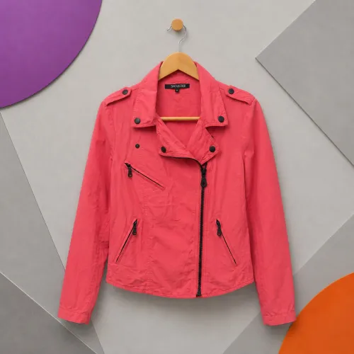 Jaqueta Biker Rosa Coral Shoulder Feminina Tamanho M