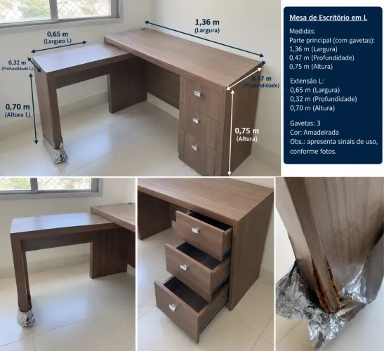 Mesa de escritório em L - com 3 gavetas