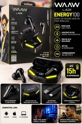 Fone Bluetooth WAAW by Alok Energy 100 - Gamer Sem Fio, 15h de Bateria