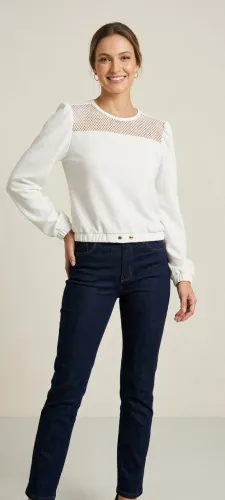 Moletom Feminino Manga Longa Branco com Detalhe Arrastão / Tela no Colo Tamanho P