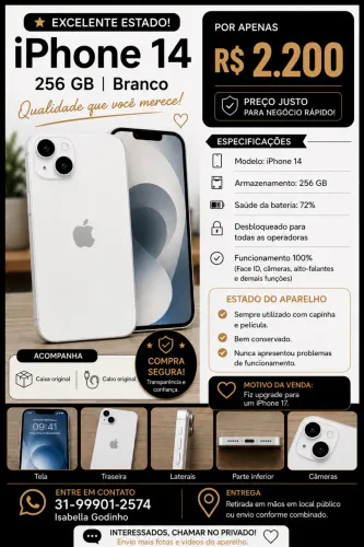 iPhone 14 256GB Branco | Excelente Estado | R$ 2.200