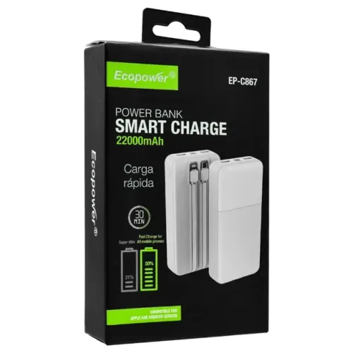 Carregador Portátil Ecopower EP-C867 22000mAh com Cabos Integrados USB-C e Lightning