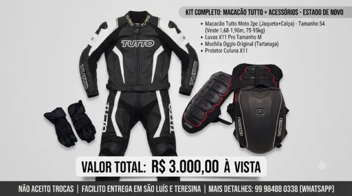 KIT COMPLETO PILOTAGEM ESPORTIVA: MACACÃO TUTTO TAM. 54 + LUVAS, MOCHILA OGIO E PROTETOR