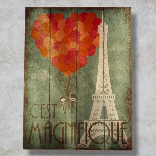 Quadro Madeira Decoração Paris Casal e Balões 30cm