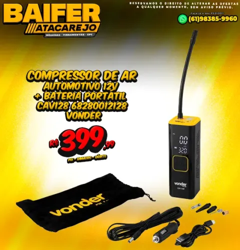 Compressor de Ar Automotivo 12v + Bateria Portátil CAV128 Vonder