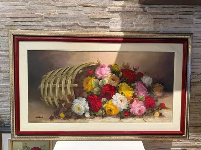 Quadro Grande Natureza-Morta com Rosas - Pintura a Óleo Assinada - 123 x 70 cm
