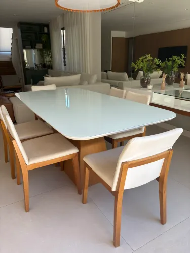 Conjunto de Mesa de jantar retangular offwhite com base madeira 2,00 x 1,00 x 0,76