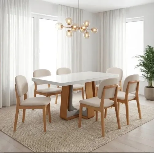 Conjunto Mesa de Jantar Nobre 170 com Vidro e 6 Cadeiras Linho Bege