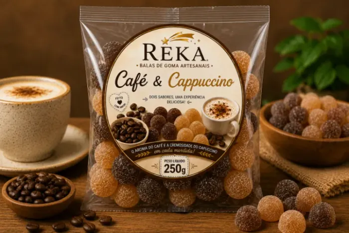 Balas de gomas com sabores exclusivos: _café e capuccino, _ suco verde,_ gengibre com limã