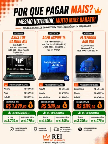 Notebook Gamer e Profissional | ASUS TUF, Acer Aspire 16 e HP EliteBook | Novos