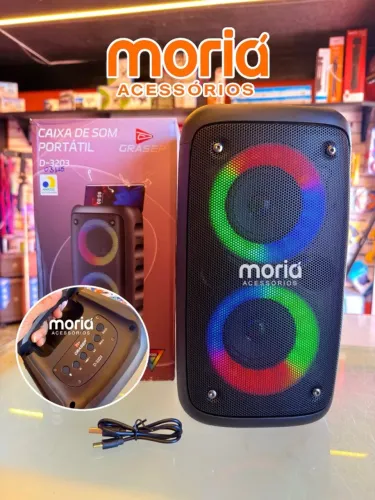Caixa de Som Portátil Grasep D-3203 Bluetooth 5.3 RGB 20W RMS com Rádio FM e Bateria Recar
