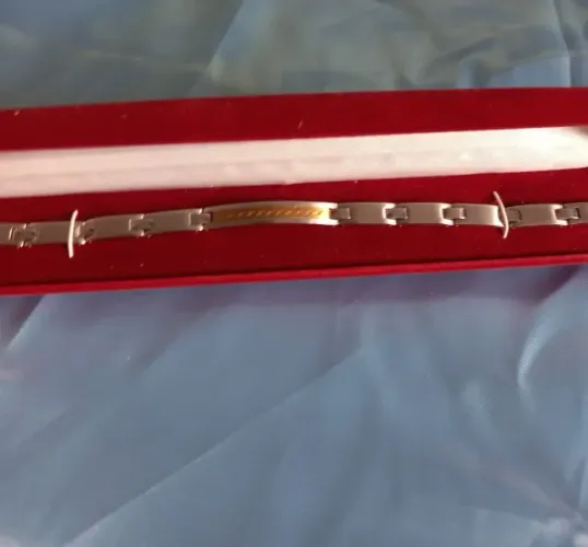 Bracelete masculino de aço com placa central de ouro 18 k - 22 cm