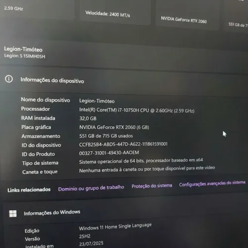 Notebook gamer LEGION i7 RTX 2060