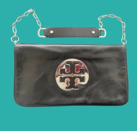 Bolsa Clutch Tory Burch Reva em Couro Preto com Alça Corrente ORIGINAL