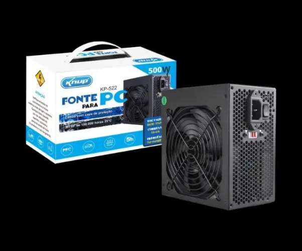 FONTE ATX 500W KNUP KP-522 PARA PC - BIVOLT 110V/220V - PFC - COOLER 120MM