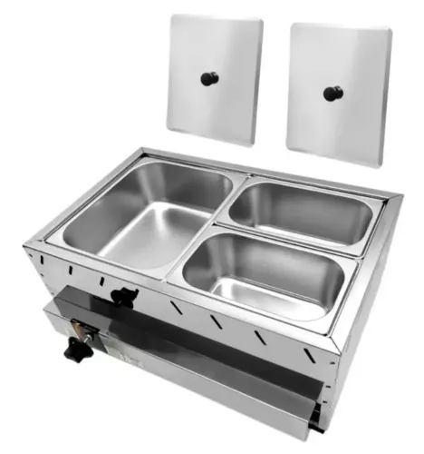 BANHO-MARIA A GÁS INOX - 3 CUBAS - COM TAMPA E GAVETA
