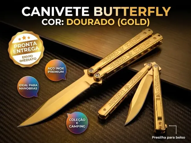 Canivete Butterfly Dourado Aço Inox Premium - Ideal para Manobras
