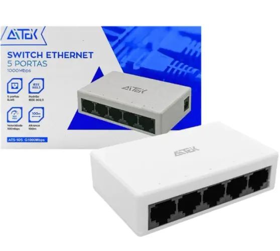 SWITCH 5 PORTAS ATS-105G - Velocidade 10/100/1000Mbps, Tensão 5V, Certificado ANATEL
