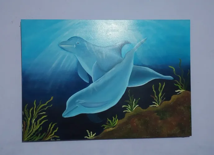 Quadro painel pintura a óleo golfinhos.
