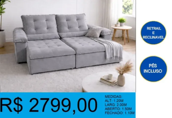sofá retrátil e reclinável veludo 2m - entrega gratuita!