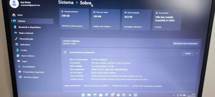 Lenovo IdeaPad 1i - Intel Core i3 12ª Ger - 16GB RAM - SSD 256GB (Estado de Novo)