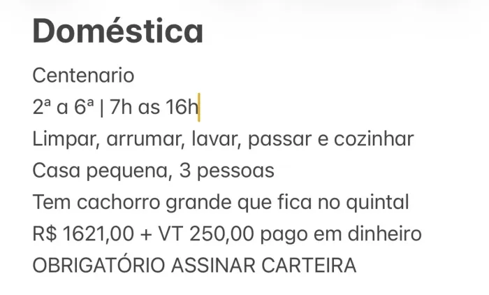 Contrata-se doméstica para assinar carteira