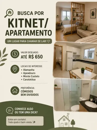 Busco por kitnet ou apartamento até 650,00