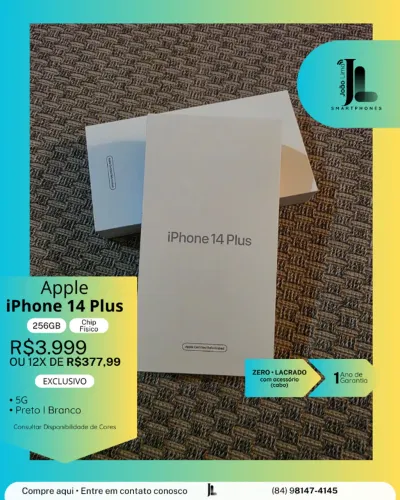 IPHONE 14 PLUS, 5G, 256GB, CHIP FÍSICO, LACRADO, EXCLUSIVO!