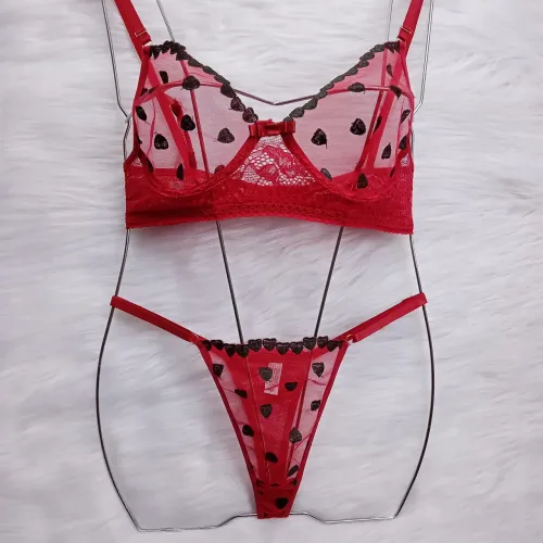 Conjunto lingerie em tule bordado e renda