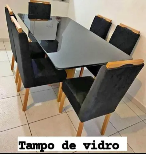 MESA MADRI 1.60×80 TAMPO COM VIDRO 6 CADEIRAS MACIÇA 