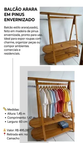 Balcão Arara Em Madeira Pinus Envernizado usado- Ideal Para Loja Ou Closet
