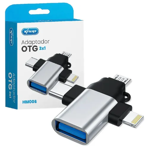 Adaptador OTG 3 em 1 USB para Micro USB V8, Tipo C e iPhone Lightning - Knup 