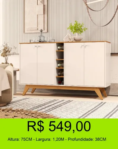 Aparador de sala com nichos garrafeiros e pés reforçados