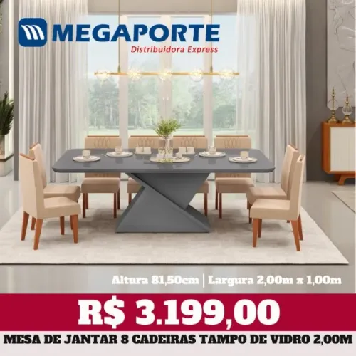 Mesa de Jantar 8 Cadeiras Tampo de Vidro 2,00m (Novo) Entrega Grátis!